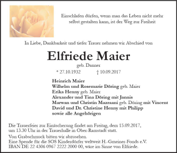 Traueranzeige von Elfriede Maier von Trauerportal Echo Online