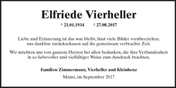 Traueranzeige von Elfriede Vierheller von Trauerportal Rhein Main Presse