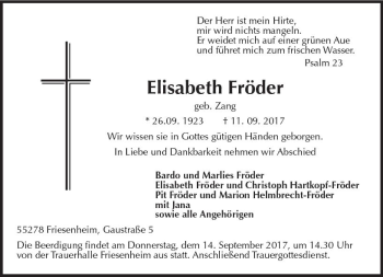 Traueranzeige von Elisabeth Fröder von Trauerportal Rhein Main Presse