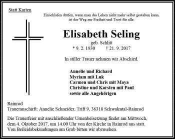 Traueranzeige von Elisabeth Seling von VRM Trauer
