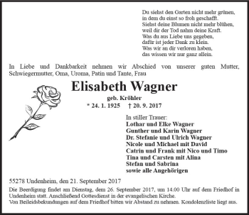 Traueranzeige von Elisabeth Wagner von Trauerportal Rhein Main Presse