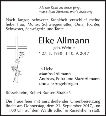 Traueranzeige von Elke Allmann von Trauerportal Rhein Main Presse