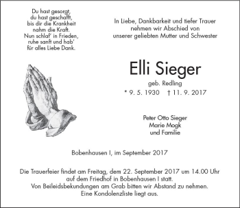 Traueranzeige von Elli Sieger von  Kreisanzeiger