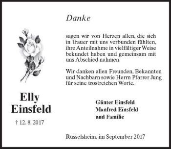 Traueranzeige von Elly Einsfeld von Trauerportal Rhein Main Presse