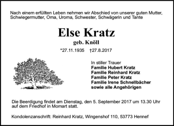 Traueranzeige von Else Kratz von Trauerportal Echo Online