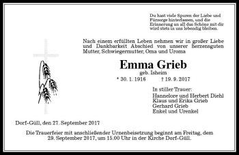 Traueranzeige von Emma Grieb von  Gießener Anzeiger