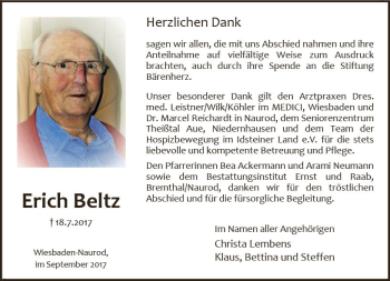 Traueranzeige von Erich Beltz von Trauerportal Rhein Main Presse