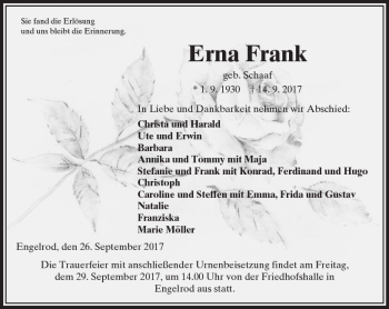 Traueranzeige von Erna Frank von VRM Trauer
