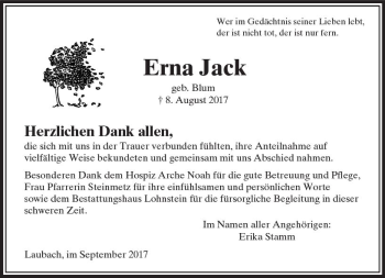 Traueranzeige von Erna Jack von  Usinger Anzeiger