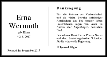 Traueranzeige von Erna Wermuth von VRM Trauer