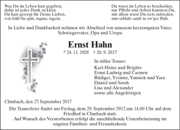 Traueranzeige von Ernst Hahn von  Gießener Anzeiger