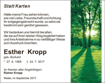 Traueranzeige von Esther Kropp von Trauerportal Rhein Main Presse