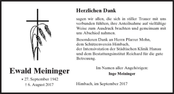 Traueranzeige von Ewald Meininger von  Kreisanzeiger