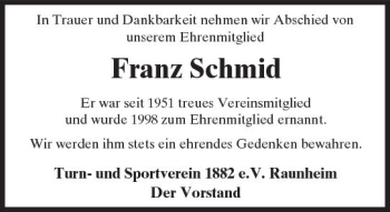 Traueranzeige von Franz Schmid von Trauerportal Rhein Main Presse