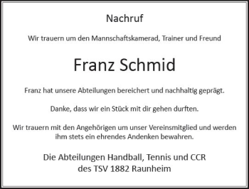 Traueranzeige von Franz Schmid von Trauerportal Rhein Main Presse