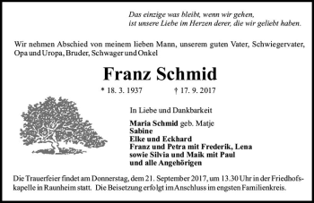 Traueranzeige von Franz Schmid von Trauerportal Rhein Main Presse