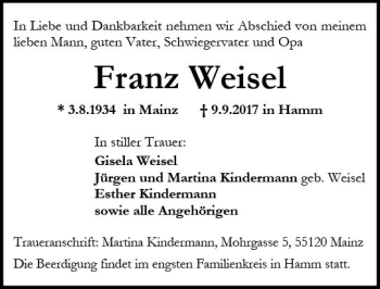 Traueranzeige von Franz Weisel von Trauerportal Rhein Main Presse