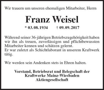 Traueranzeige von Franz Weisel von Trauerportal Rhein Main Presse