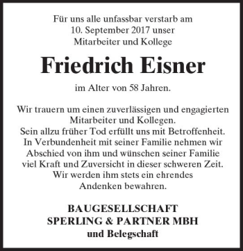 Traueranzeige von Friedrich Eisner von  Kreisanzeiger
