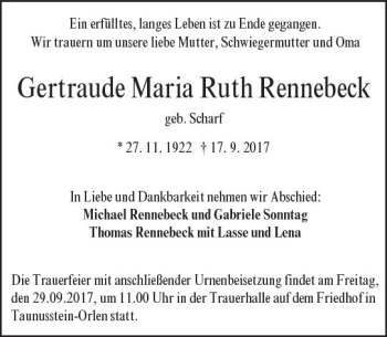 Traueranzeige von Gertraude Maria Ruth Rennebeck von Trauerportal Rhein Main Presse