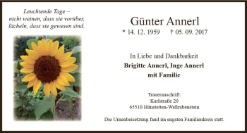 Traueranzeige von Günter Annerl von Trauerportal Rhein Main Presse