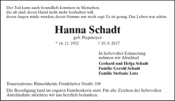 Traueranzeige von Hanna Schadt von Trauerportal Rhein Main Presse