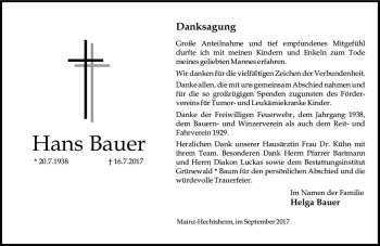 Traueranzeige von Hans Bauer von Trauerportal Rhein Main Presse