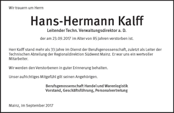 Traueranzeige von Hans-Hermann Kalff von Trauerportal Rhein Main Presse