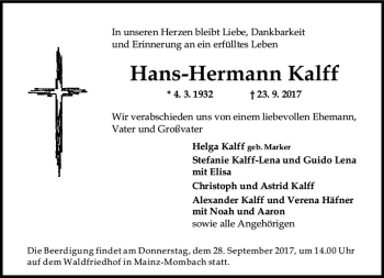 Traueranzeige von Hans-Hermann Kalff von Trauerportal Rhein Main Presse