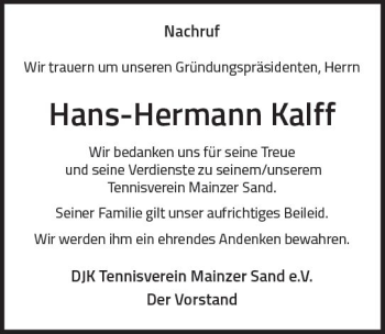 Traueranzeige von Hans-Hermann Kalff von Trauerportal Rhein Main Presse