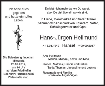 Traueranzeige von Hans-Jürgen Hellmund von Trauerportal Rhein Main Presse