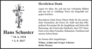 Traueranzeige von Hans Schuster von Trauerportal Echo Online
