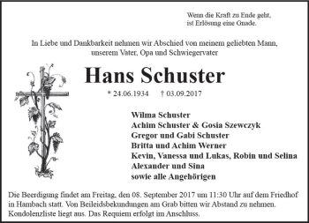 Traueranzeige von Hans Schuster von Trauerportal Echo Online