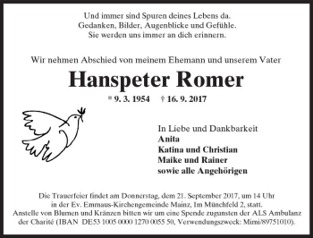 Traueranzeige von Hanspeter Romer von Trauerportal Rhein Main Presse