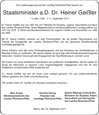 Traueranzeige von Heiner Geißler von Trauerportal Rhein Main Presse