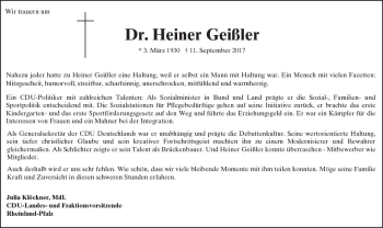 Traueranzeige von Heiner Geißler von Trauerportal Rhein Main Presse