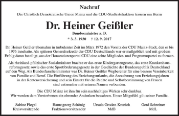 Traueranzeige von Heiner Geißler von Trauerportal Rhein Main Presse