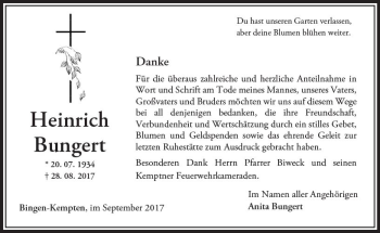 Traueranzeige von Heinrich Bungert von Trauerportal Rhein Main Presse