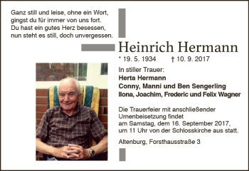Traueranzeige von Heinrich Hermann von VRM Trauer