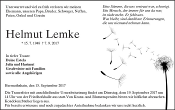 Traueranzeige von Helmut Lemke von VRM Trauer