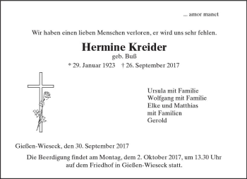Traueranzeige von Hermine Kreider von  Gießener Anzeiger