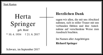 Traueranzeige von Herta Springer von VRM Trauer