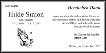 Traueranzeige von Hilde Simon von VRM Trauer