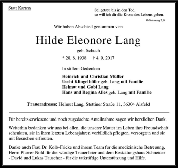 Traueranzeige von Hilde Eleonore Lang von VRM Trauer