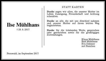 Traueranzeige von Ilse Mühlhans von  Gießener Anzeiger