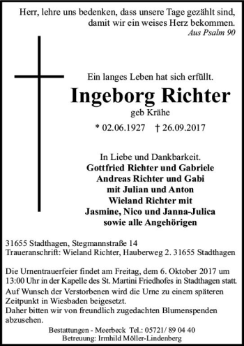 Traueranzeige von Ingeborg Richter von Trauerportal Rhein Main Presse