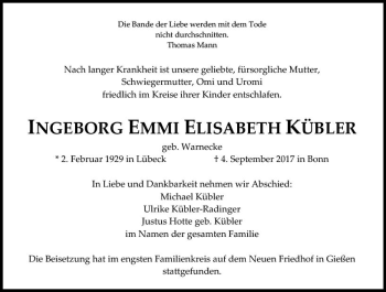 Traueranzeige von Ingeborg Emmi Elisabeth Kübler von  Gießener Anzeiger