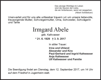 Traueranzeige von Irmgard Abele von Trauerportal Echo Online