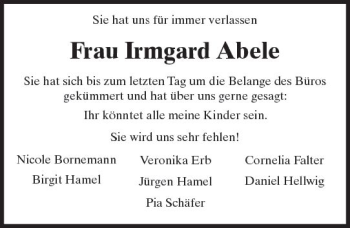 Traueranzeige von Irmgard Abele von Trauerportal Echo Online