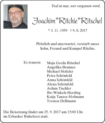 Traueranzeige von Joachim Ritschel von Trauerportal Echo Online